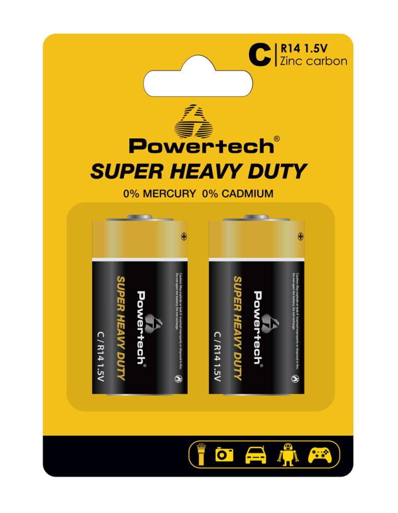 POWERTECH μπαταρίες Zinc Carbon Super Heavy Duty PT-1221, R14 1.5V, 2τμχ