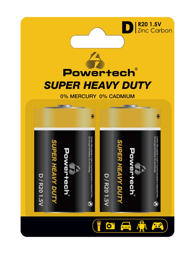 POWERTECH μπαταρίες Zinc Carbon Super Heavy Duty PT-1222, R20 1.5V, 2τμχ