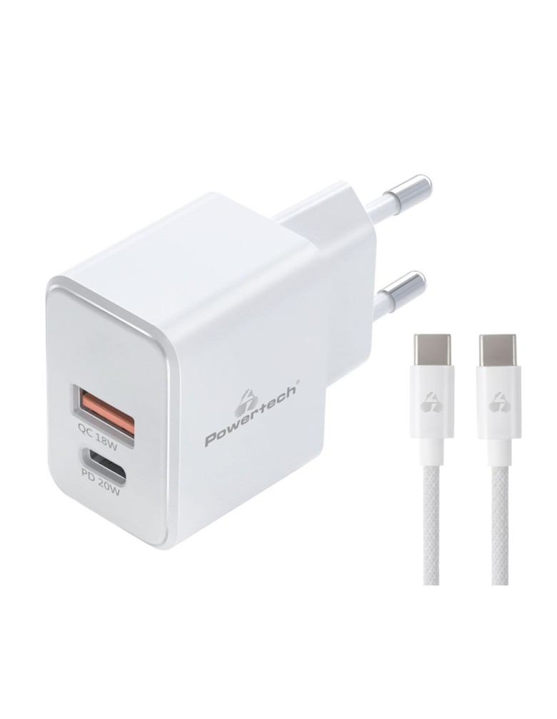 POWERTECH φορτιστής τοίχου PT-1248, καλώδιο, USB/USB-C, 20W, GaN, λευκός