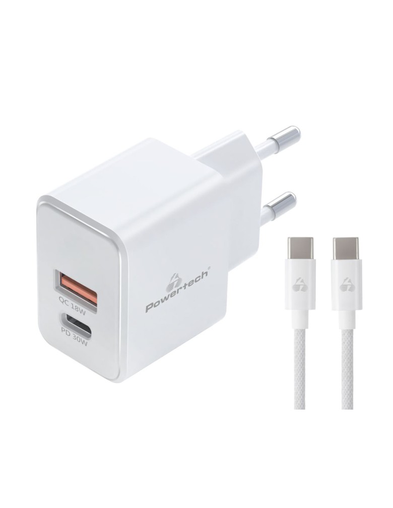 POWERTECH φορτιστής τοίχου PT-1249, καλώδιο, USB/USB-C, 30W, GaN, λευκός