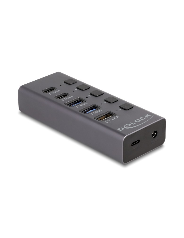 DELOCK USB hub 64248 με διακόπτες, 5x θυρών, 5Gbps, USB/USB-C σύνδεση, γκρι