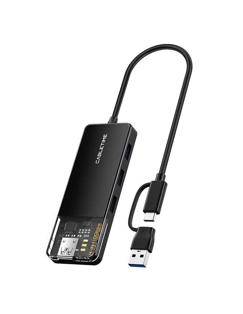 CABLETIME USB hub CT-HUBT5-PB, 4x θυρών, 10Gbps, USB/USB-C σύνδεση, μαύρο