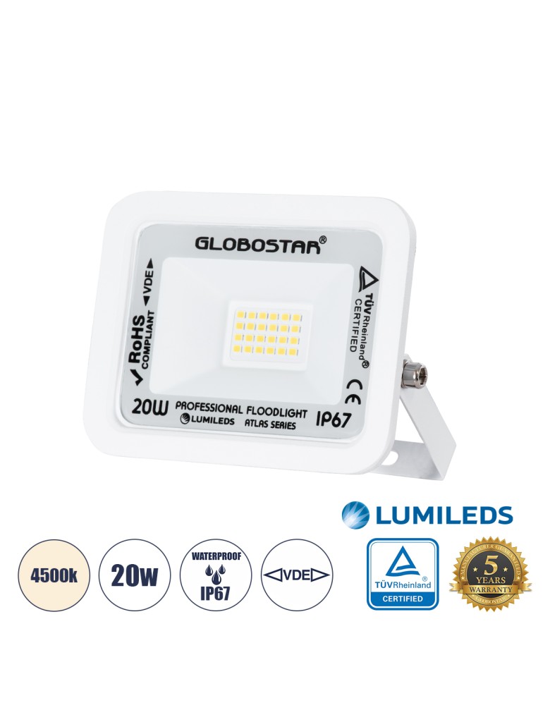 GloboStar® ATLAS 61408 Επαγγελματικός Προβολέας LED 20W 2400lm 120° AC 220-240V - Αδιάβροχος IP67 - Μ12 x Π2.5 x Υ9.5cm - Λευκό 