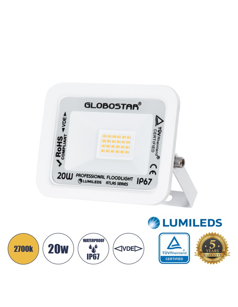 GloboStar® ATLAS 61409 Επαγγελματικός Προβολέας LED 20W 2300lm 120° AC 220-240V - Αδιάβροχος IP67 - Μ12 x Π2.5 x Υ9.5cm - Λευκό 