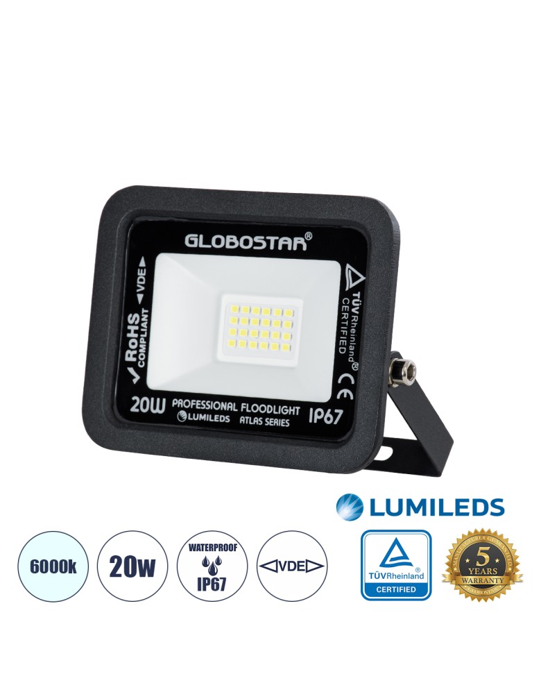 GloboStar® ATLAS 61410 Επαγγελματικός Προβολέας LED 20W 2500lm 120° AC 220-240V - Αδιάβροχος IP67 - Μ12 x Π2.5 x Υ9.5cm - Μαύρο 