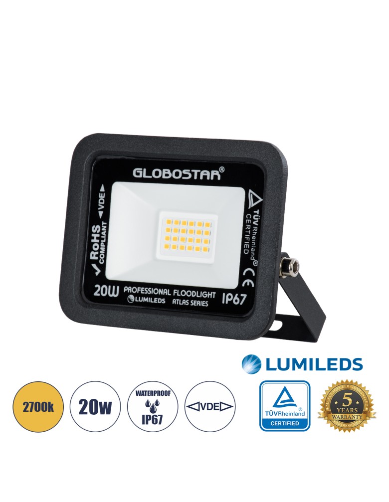 GloboStar® ATLAS 61412 Επαγγελματικός Προβολέας LED 20W 2300lm 120° AC 220-240V - Αδιάβροχος IP67 - Μ12 x Π2.5 x Υ9.5cm - Μαύρο 