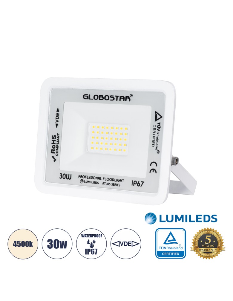 GloboStar® ATLAS 61414 Επαγγελματικός Προβολέας LED 30W 3600lm 120° AC 220-240V - Αδιάβροχος IP67 - Μ16 x Π2.5 x Υ12.5cm - Λευκό