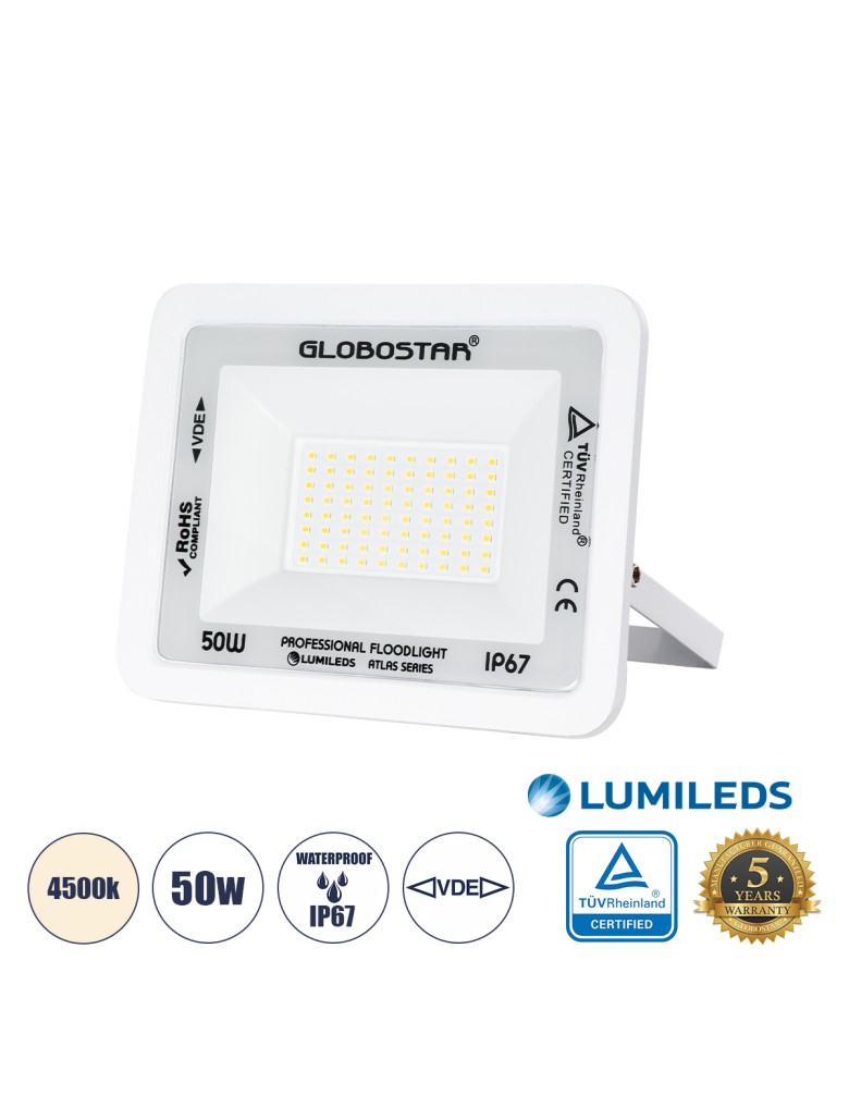 GloboStar® ATLAS 61420 Επαγγελματικός Προβολέας LED 50W 6000lm 120° AC 220-240V - Αδιάβροχος IP67 - Μ21 x Π3.5 x Υ16cm - Λευκό -