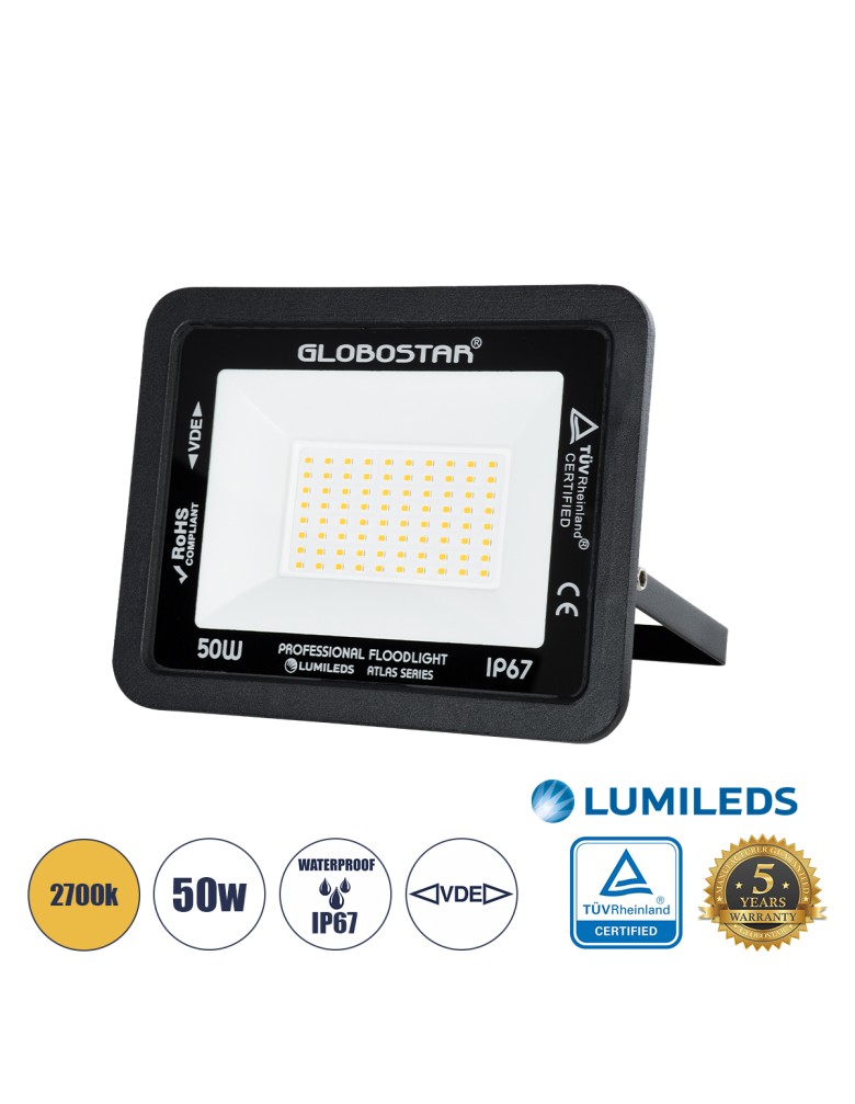 GloboStar® ATLAS 61424 Επαγγελματικός Προβολέας LED 50W 5750lm 120° AC 220-240V - Αδιάβροχος IP67 - Μ21 x Π3.5 x Υ16cm - Μαύρο -