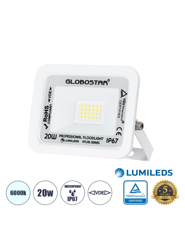 GloboStar® ATLAS 61407 Επαγγελματικός Προβολέας LED 20W 2500lm 120° AC 220-240V - Αδιάβροχος IP67 - Μ12 x Π2.5 x Υ9.5cm - Λευκό 