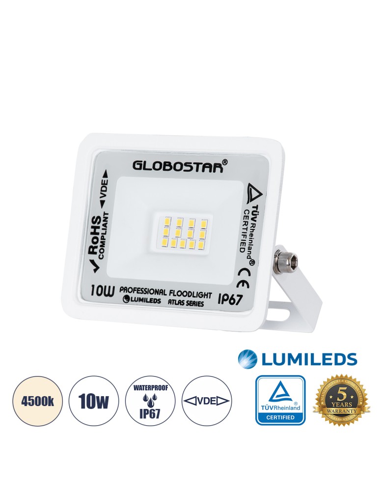 GloboStar® ATLAS 61405 Επαγγελματικός Προβολέας LED 10W 1200lm 120° AC 220-240V - Αδιάβροχος IP67 - Μ10 x Π2 x Υ8cm - Λευκό - Φυ