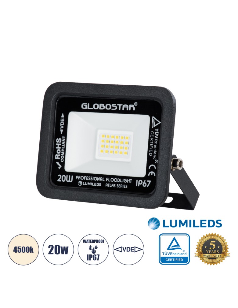 GloboStar® ATLAS 61411 Επαγγελματικός Προβολέας LED 20W 2400lm 120° AC 220-240V - Αδιάβροχος IP67 - Μ12 x Π2.5 x Υ9.5cm - Μαύρο 