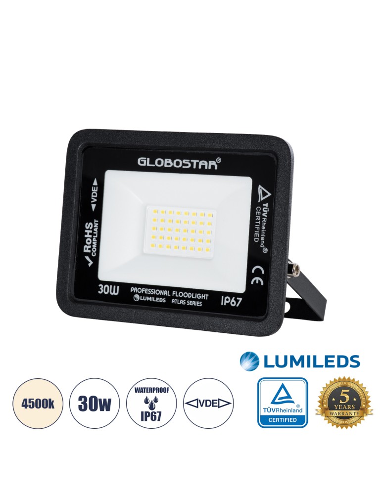 GloboStar® ATLAS 61417 Επαγγελματικός Προβολέας LED 30W 3600lm 120° AC 220-240V - Αδιάβροχος IP67 - Μ16 x Π2.5 x Υ12.5cm - Μαύρο