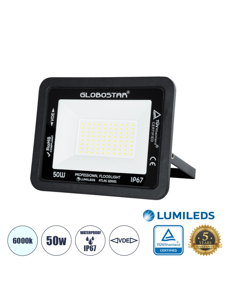 GloboStar® ATLAS 61422 Επαγγελματικός Προβολέας LED 50W 6250lm 120° AC 220-240V - Αδιάβροχος IP67 - Μ21 x Π3.5 x Υ16cm - Μαύρο -