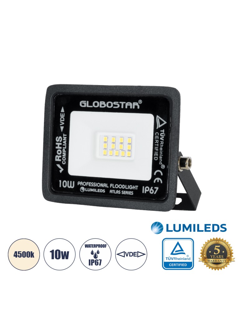 GloboStar® ATLAS 61516 Επαγγελματικός Προβολέας LED 10W 1200lm 120° AC 220-240V - Αδιάβροχος IP67 - Μ10 x Π2 x Υ8cm - Μαύρο - Φυ