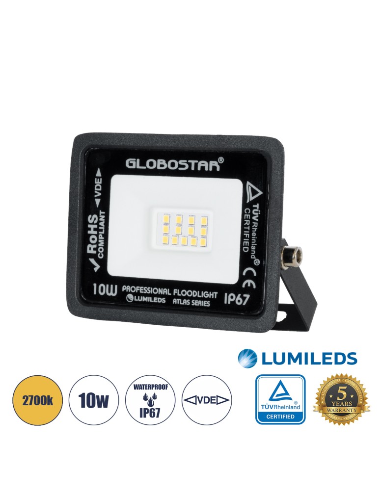 GloboStar® ATLAS 61517 Επαγγελματικός Προβολέας LED 10W 1150lm 120° AC 220-240V - Αδιάβροχος IP67 - Μ10 x Π2 x Υ8cm - Μαύρο - Θε