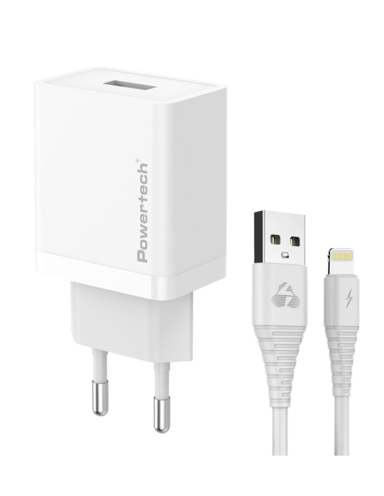 POWERTECH φορτιστής τοίχου PT-1323 με καλώδιο Lightning, USB, 12W, λευκός