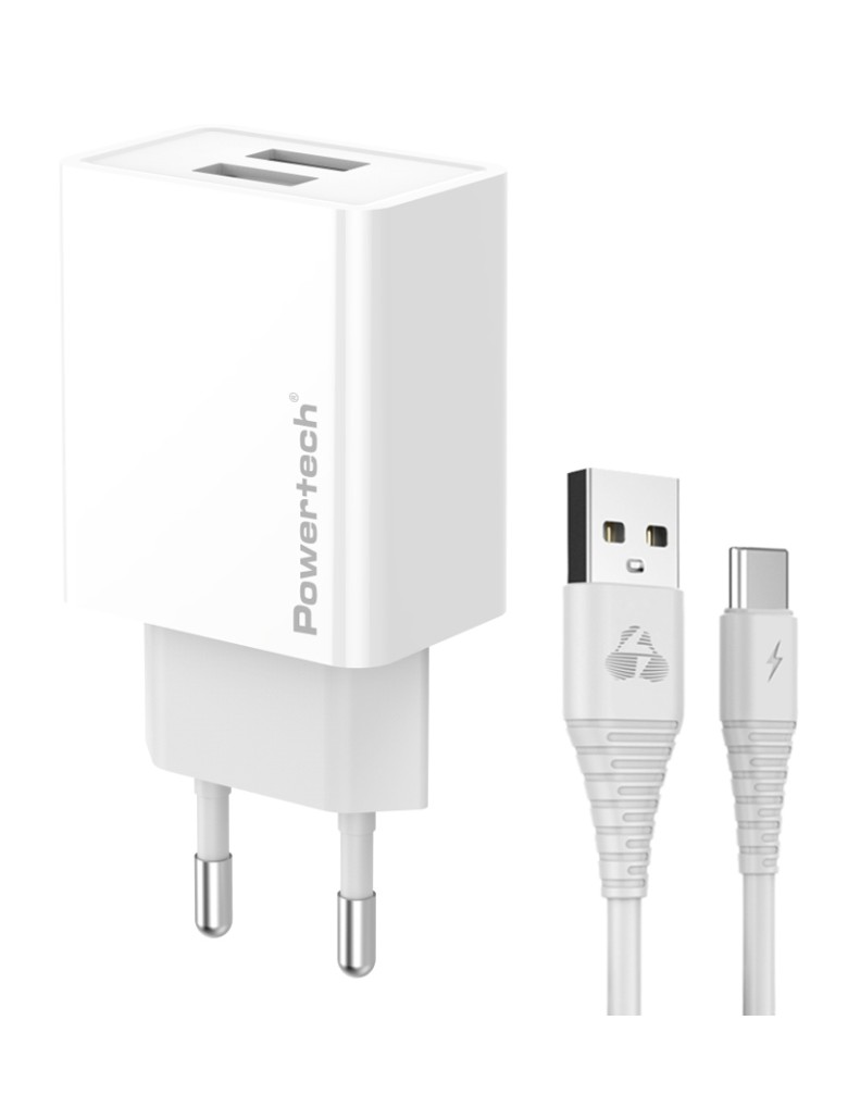 POWERTECH φορτιστής τοίχου PT-1324 με καλώδιο USB-C, 2x USB, 12W, λευκός