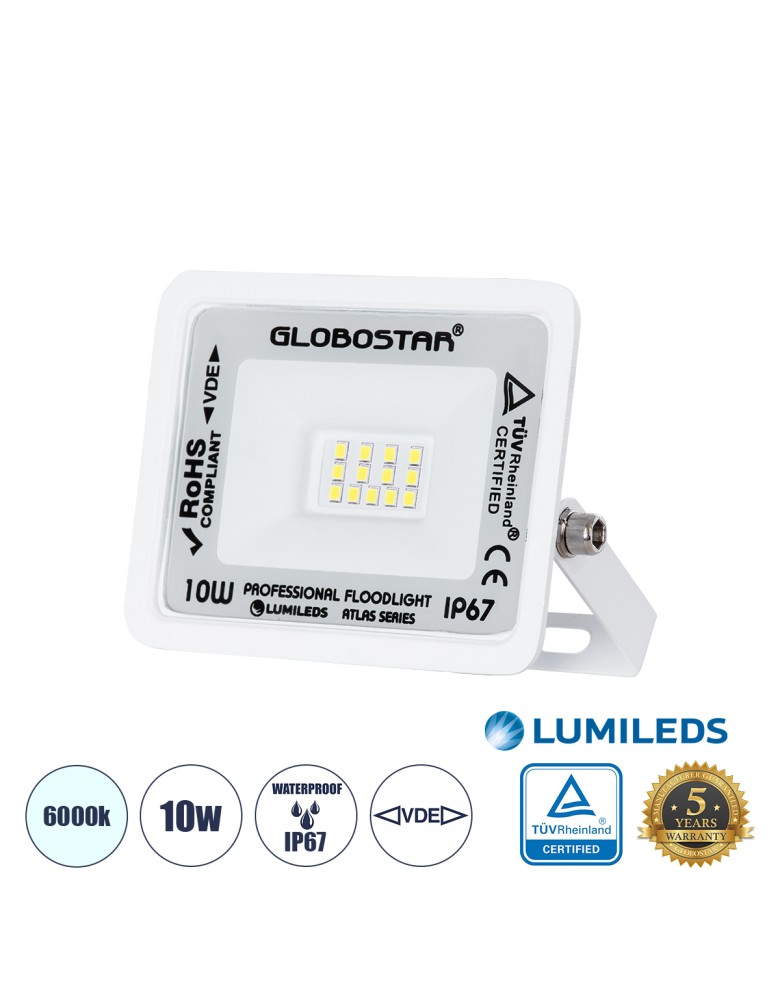 GloboStar® ATLAS 61404 Επαγγελματικός Προβολέας LED 10W 1250lm 120° AC 220-240V - Αδιάβροχος IP67 - Μ10 x Π2 x Υ8cm - Λευκό - Ψυ